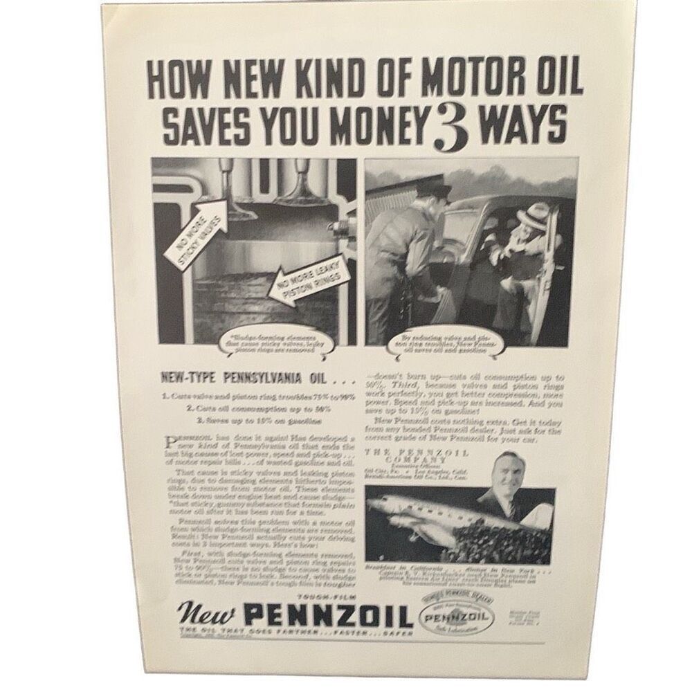 Vintage 1935 Pennzoil Saves You Money 3 Ways Ad Advertisement
